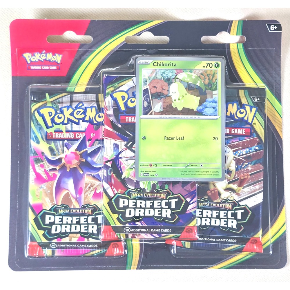 Pokemon TCG Mega Evolution Perfect Order 3-Pack Blister Chikorita Promo Sealed